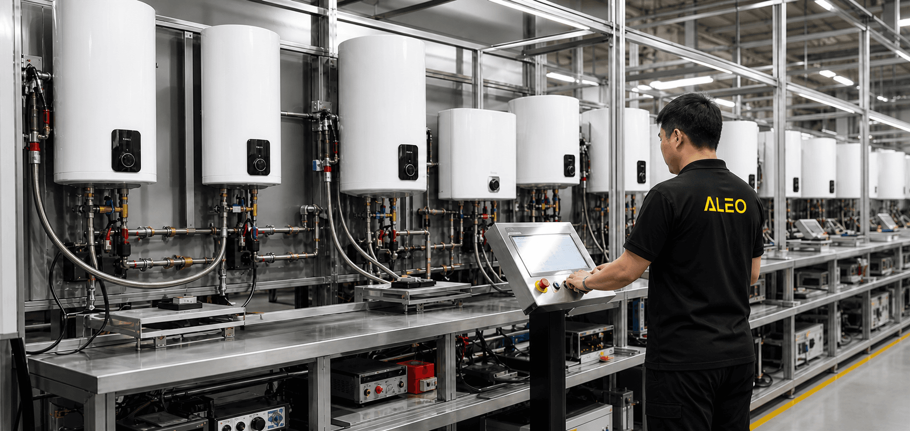 ALEO technician operating an electric water heater quality-control line